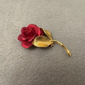 Cerrito Signed Vintage 2.5" Long Stem Red Rose Flower Brooch Pin